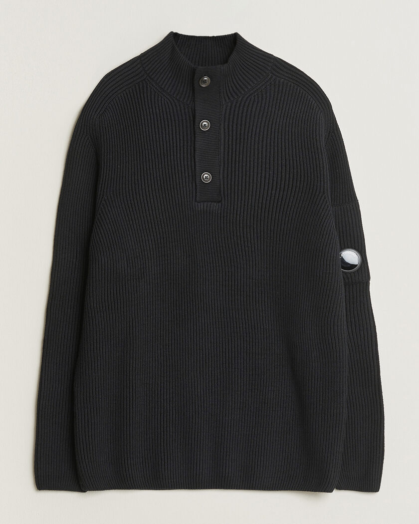 C.P. Company Full Rib Knitted Cotton Half Button Black – Nero