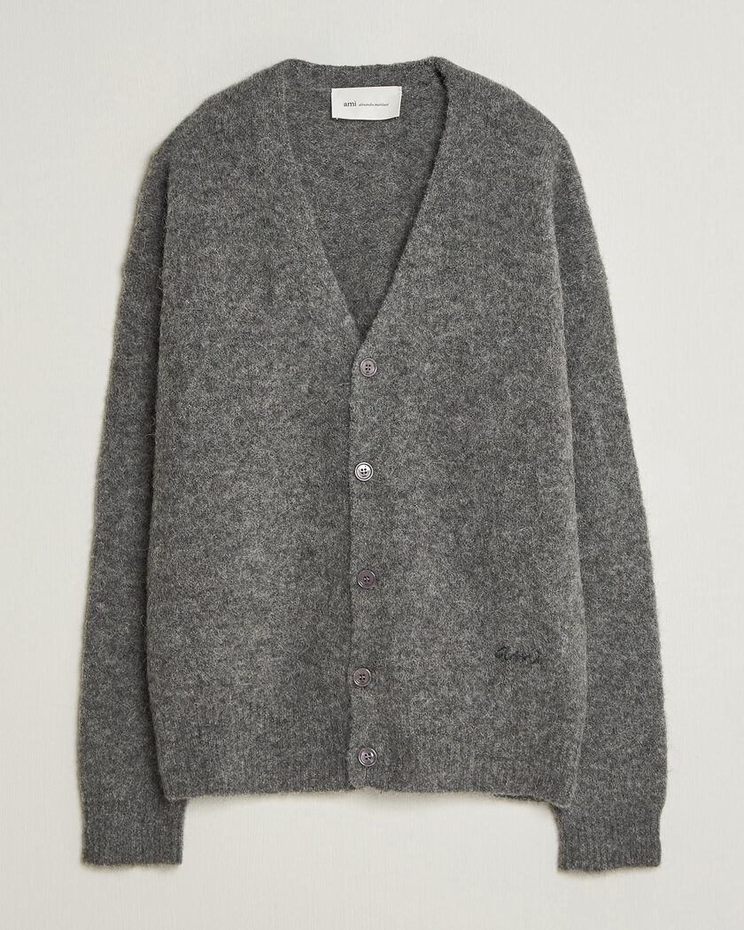 AMI Signature Logo Wool Knitted Cardigan Grey Melange – Grigio