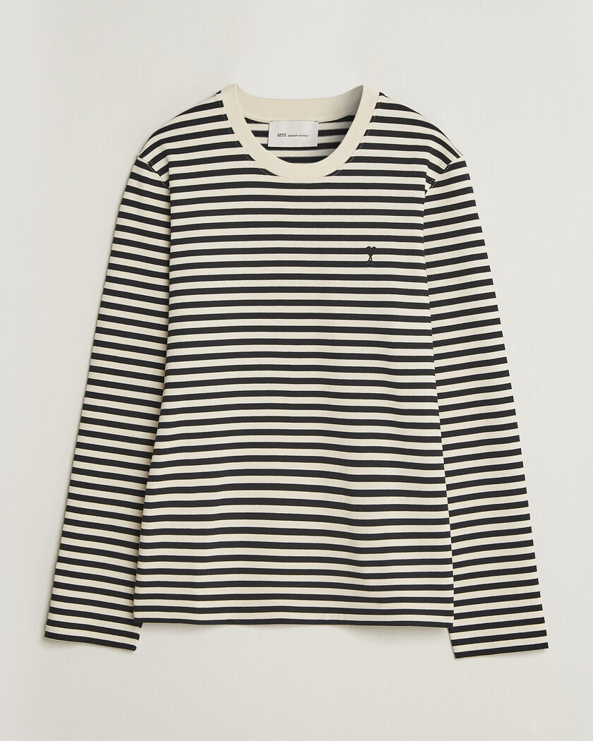 AMI Black Heart Logo Striped Long Sleeve T-Shirt Black/Ivory – Nero