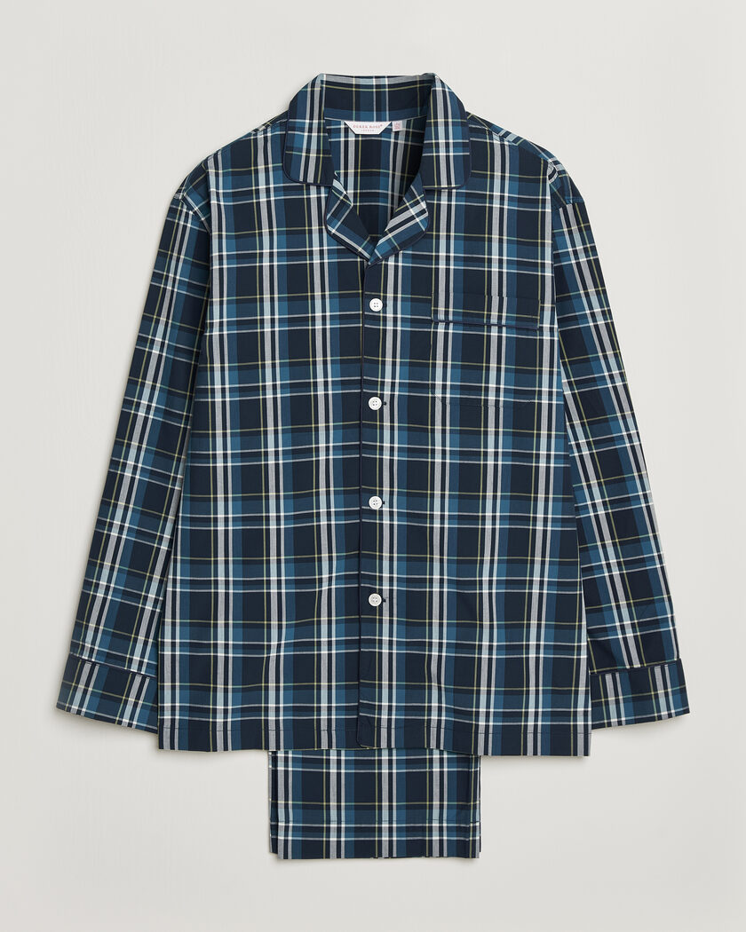 Derek Rose Piped Checked Cotton Pyjama Set Navy – Blu