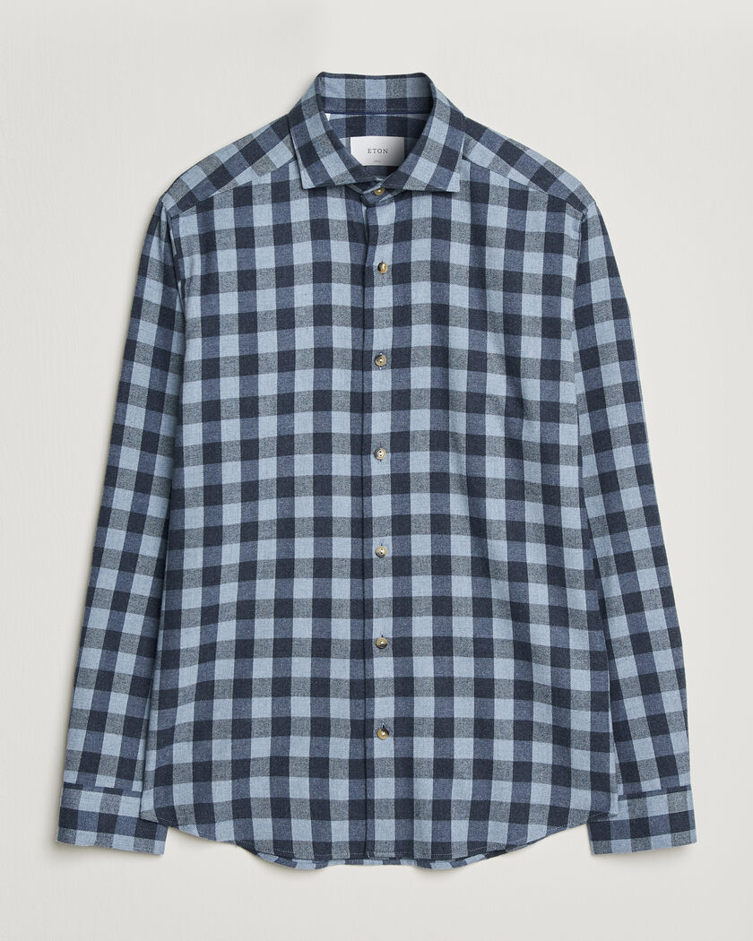 Eton Casual Fit Checked Flannel Shirt Mid Blue – Blu