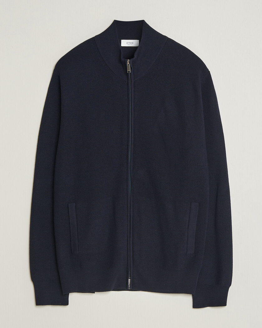Eton Merino Wool Knitted Full Zip Navy Blue – Blu