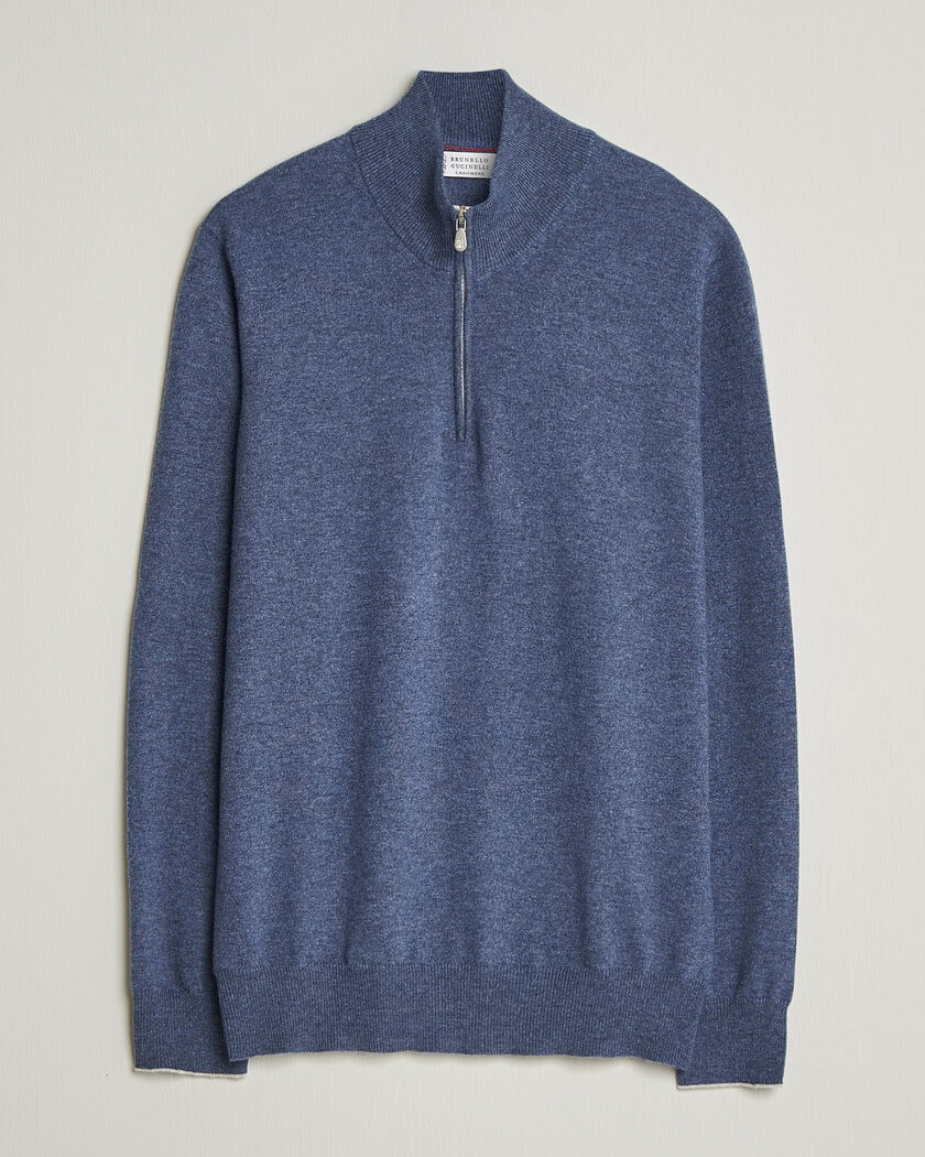 Brunello Cucinelli 2 Ply Cashmere Half Zip Denim Blue – Blu