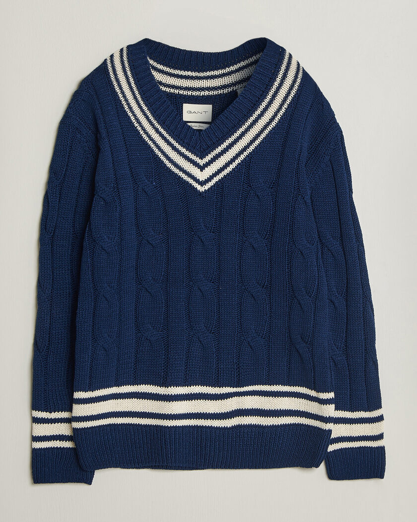 Gant Mercerized Cotton Knitted Cable V-Neck Persian Blue – Blu