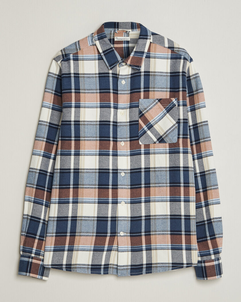 KnowledgeCotton Apparel Regular Fit Check Melange Flannel Shirt Navy – Blu
