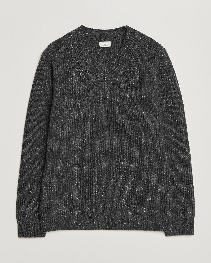 Morgano Fisherman Ribb Donegal Knitted V-Neck Dark Grey – Grigio