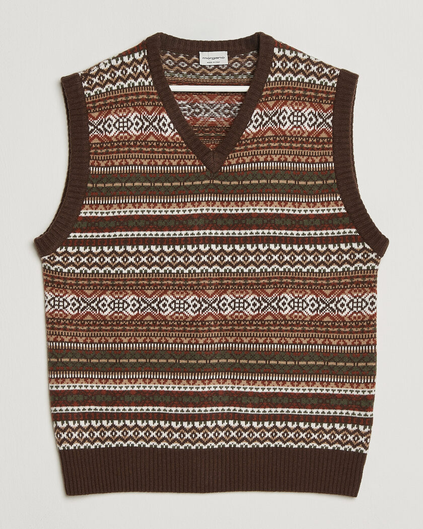 Morgano Wool/Cashmere Fair Isle Knitted Vest Brown – Marrone