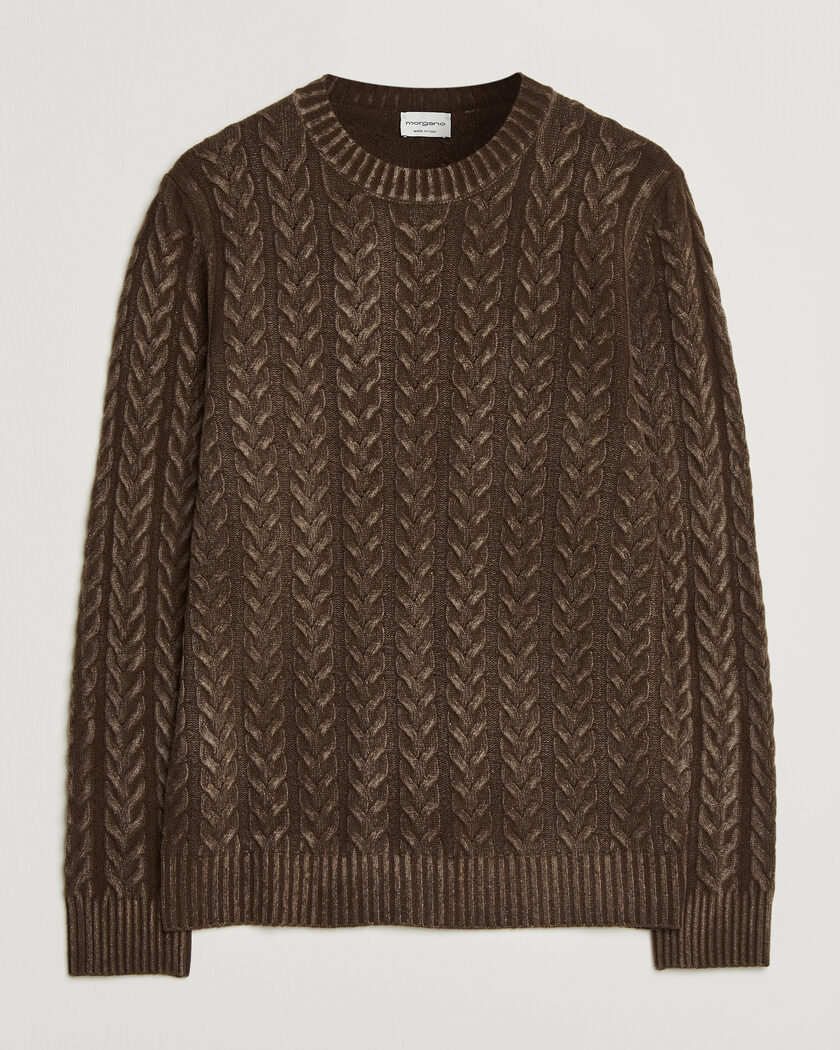 Morgano Cable Knitted Brushed Dyed Wool Crew Brown – Marrone