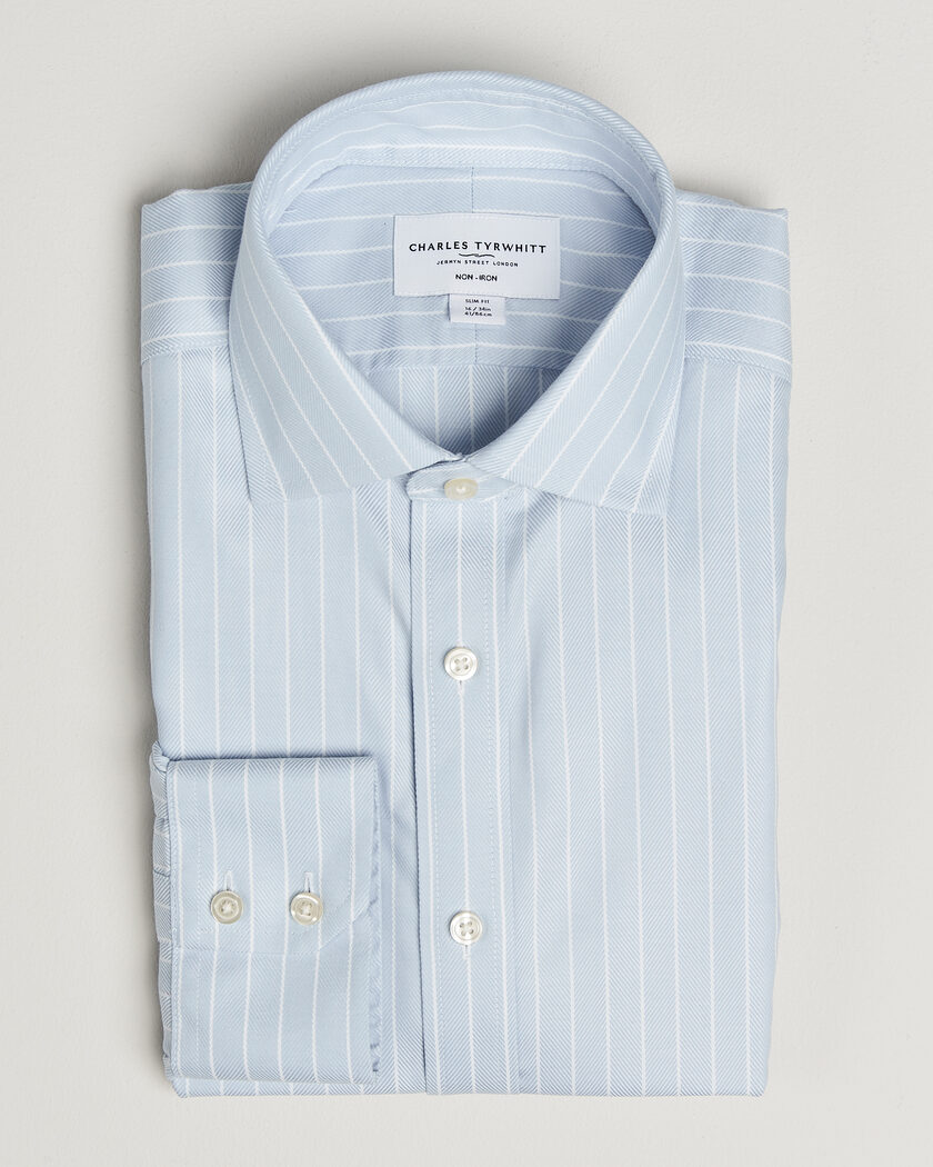 Charles Tyrwhitt Slim Fit Non Iron Herringbone Stripe Shirt Light Blue – Blu