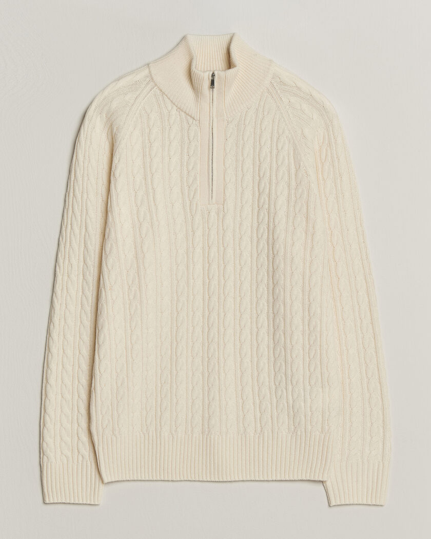 BOSS BLACK Furore Wool/Cashmere Cable Half Zip Open White – Bianco