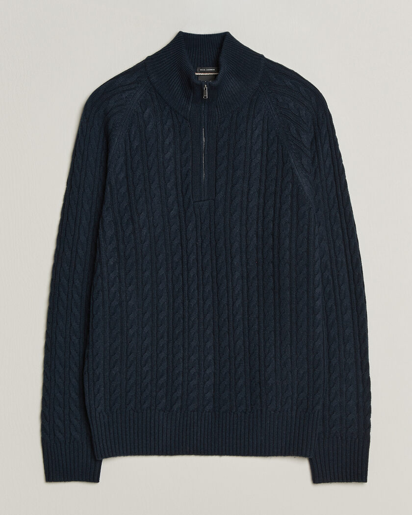 BOSS BLACK Furore Wool/Cashmere Cable Half Zip Dark Blue – Blu