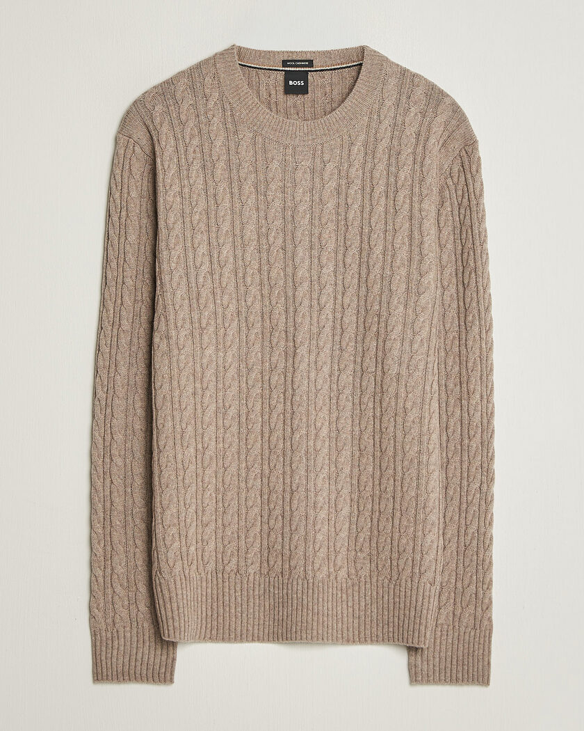 BOSS BLACK Furlan Wool/Cashmere Cable Crew Neck Open Brown – Marrone