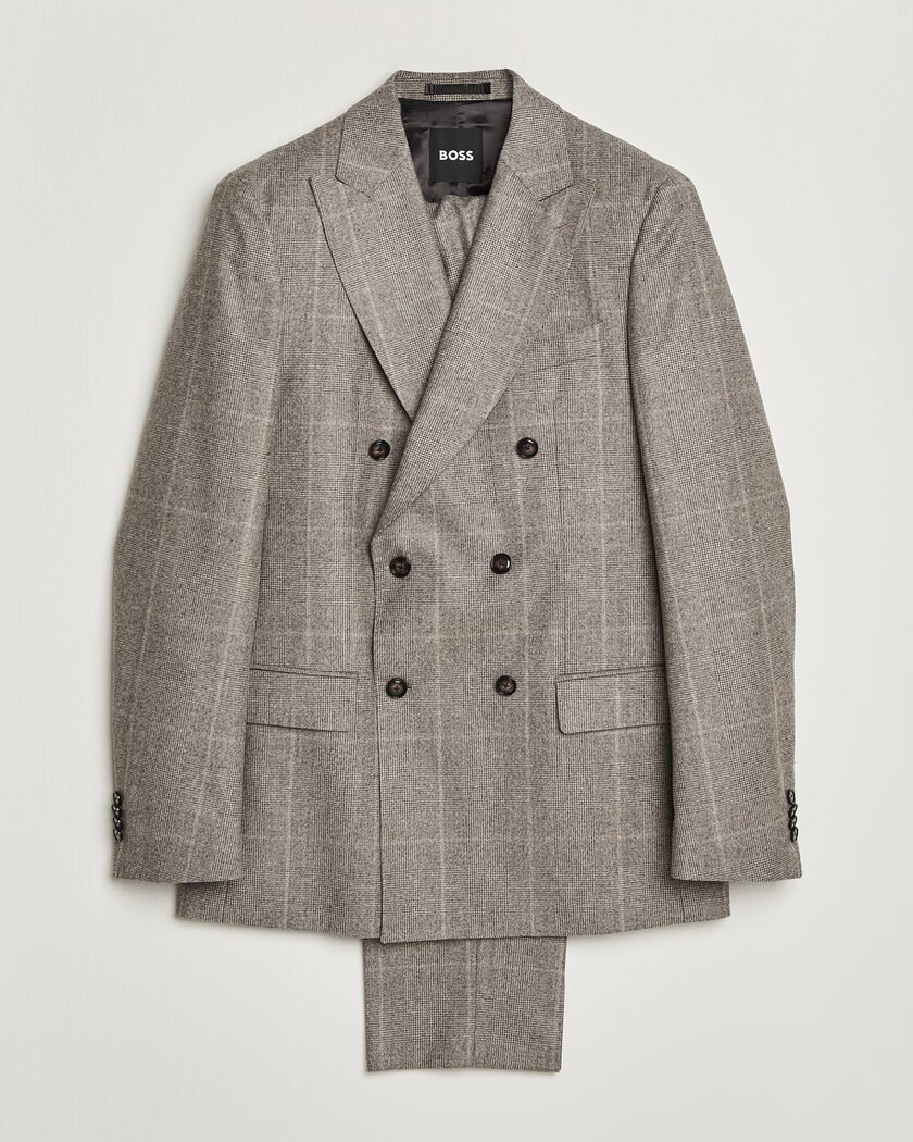 BOSS BLACK Huge Wool Checked Double Breasted Suit Open Brown – Marrone