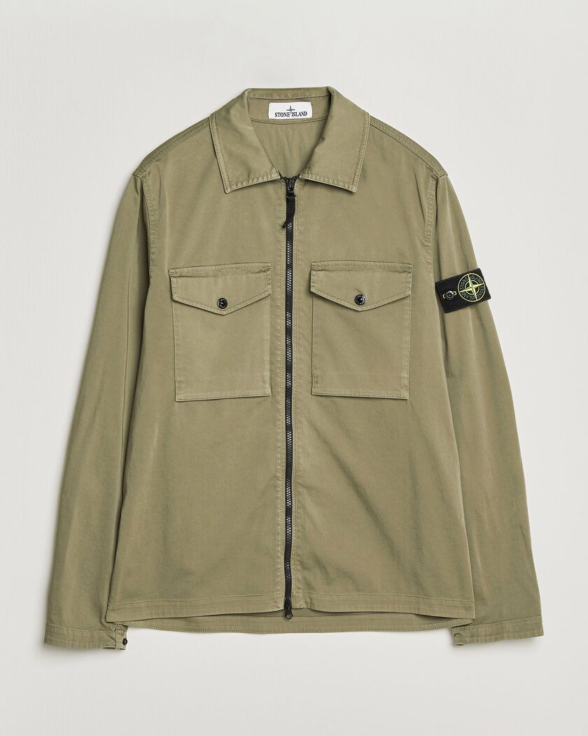 Stone Island Organic Cotton Satin Stretch Zip Overshirt Miltary Green – Verde