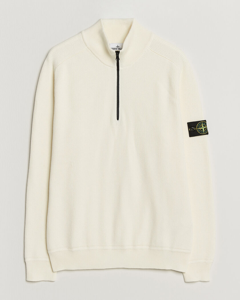 Stone Island Ribbed Soft Organic Cotton Half-Zip Ivory – Bianco