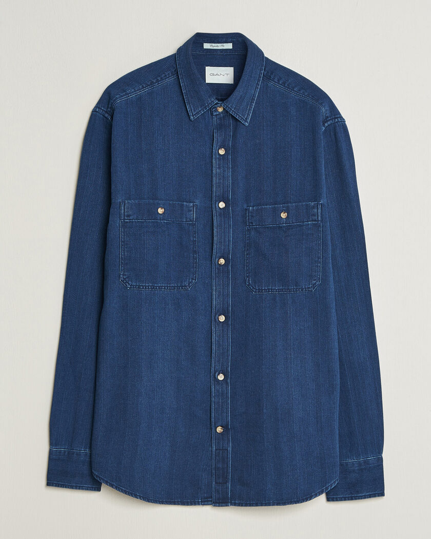 Gant Regular Fit Indigo Herringbone Overshirt Mid Blue – Blu