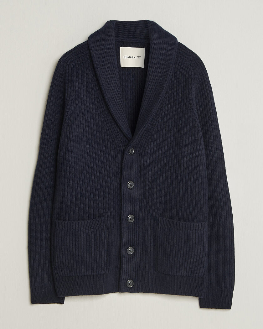 Gant Wool/Cotton Ribbed Shawl Collar Cardigan Evening Blue – Blu