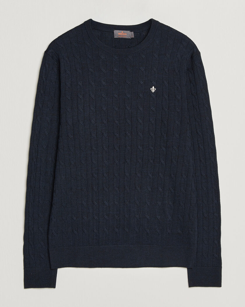 Morris Merino Cable O-Neck Navy – Blu