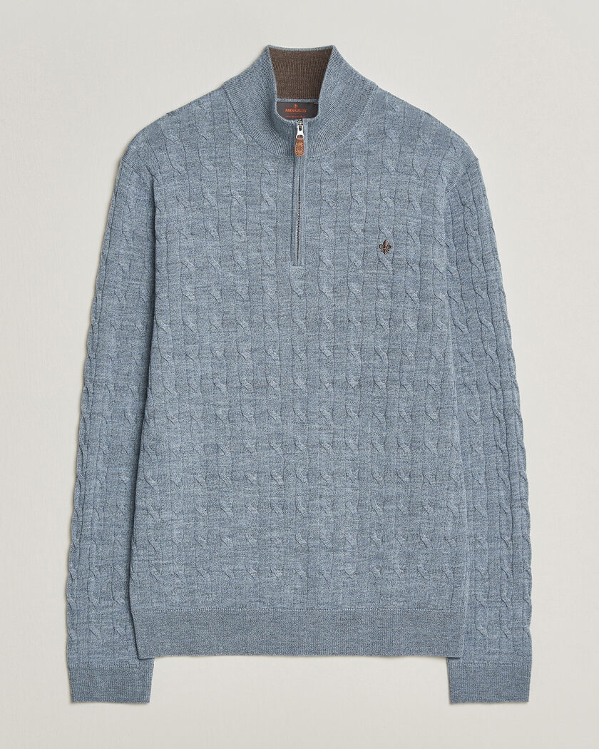 Morris Merino Cable Half Zip Light Blue – Blu