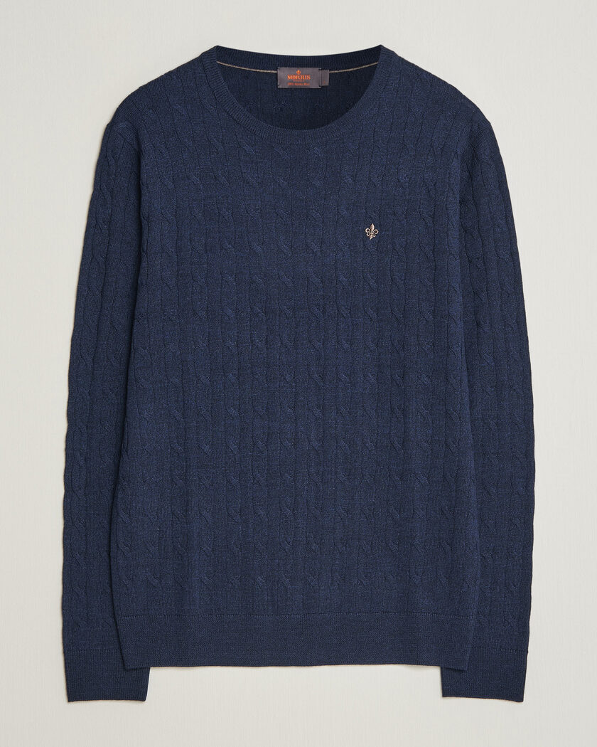 Morris Merino Cable O-Neck Navy – Blu