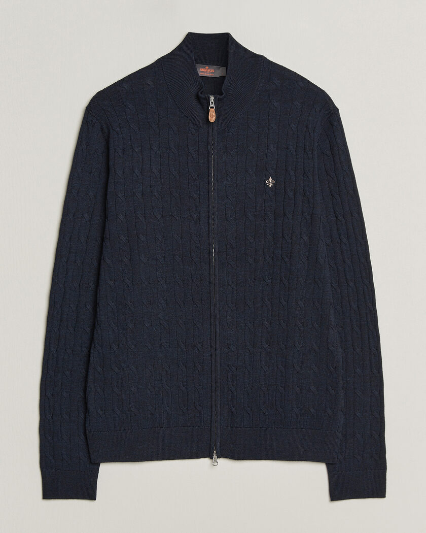 Morris Merino Cable Zip Cardigan Navy – Blu