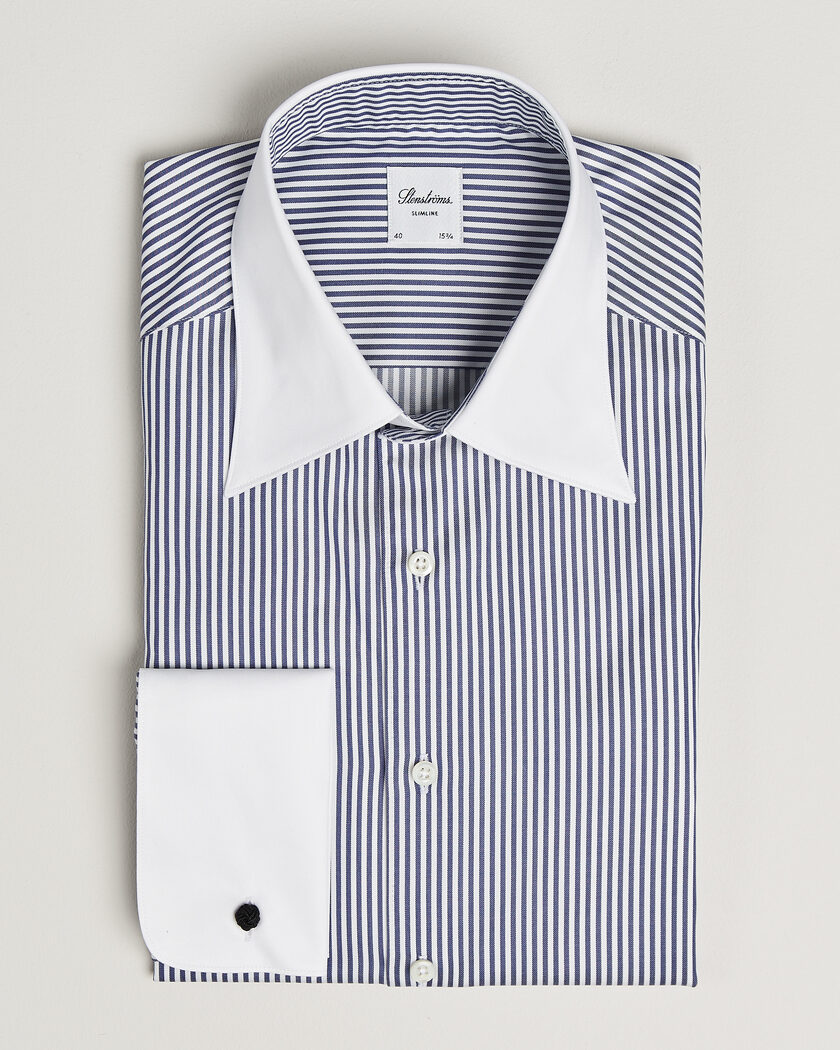 Stenströms Slimline White Collar Stripe Whinchester Shirt Blue – Blu