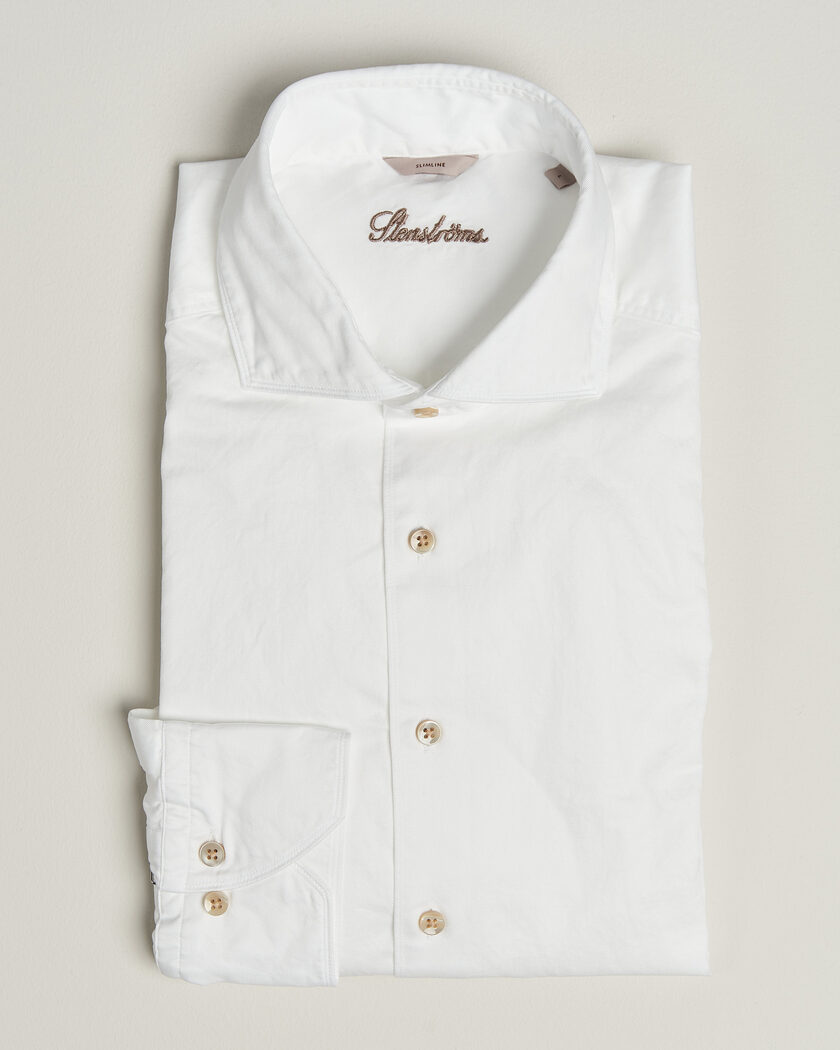 Stenströms Slimline Washed Cotton Twill Cut Away Shirt White – Bianco