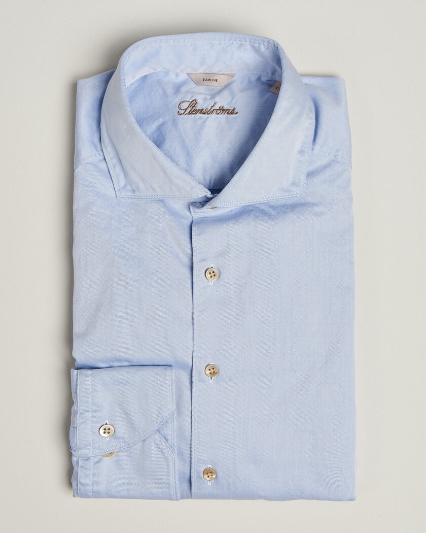 Stenströms Slimline Washed Cotton Twill Cut Away Shirt Blue – Blu