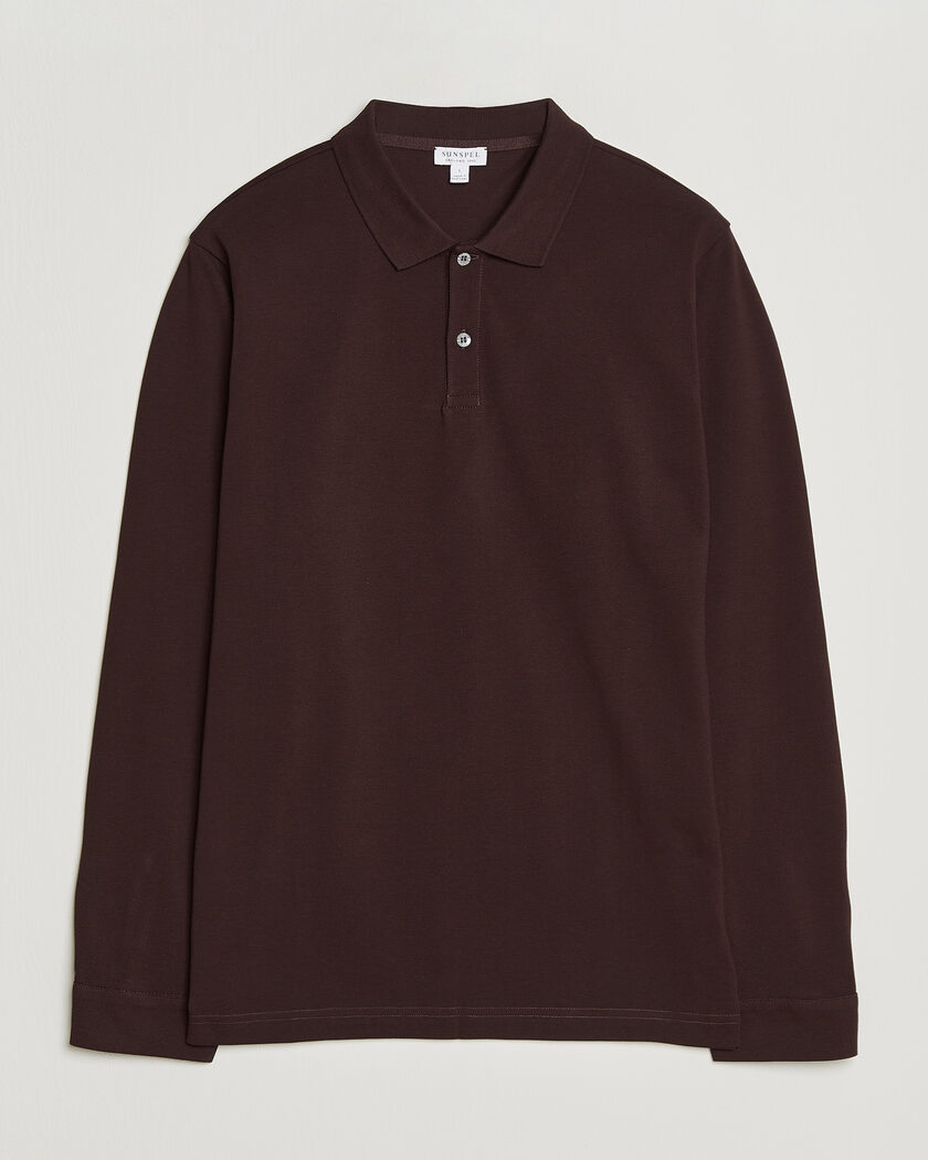 Sunspel Supima Cotton Long Sleeve Pique Polo Dark Brown – Marrone