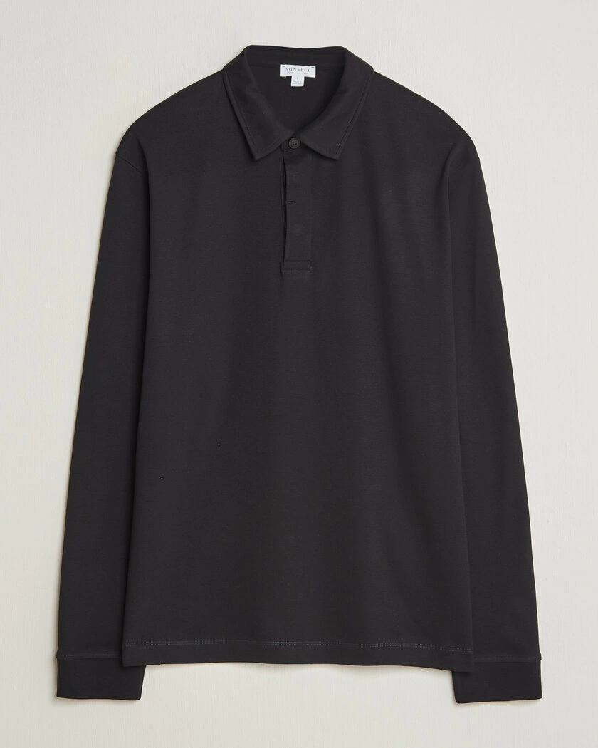 Sunspel Heavy Weight Supima Cotton Long Sleeve Polo Black – Nero
