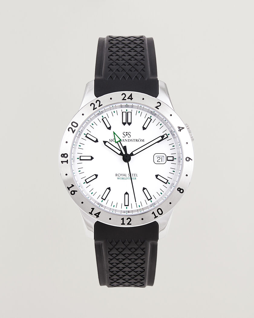 Sjöö Sandström Royal Steel Worldtimer 41mm Black Rubber White Dial – Bianco