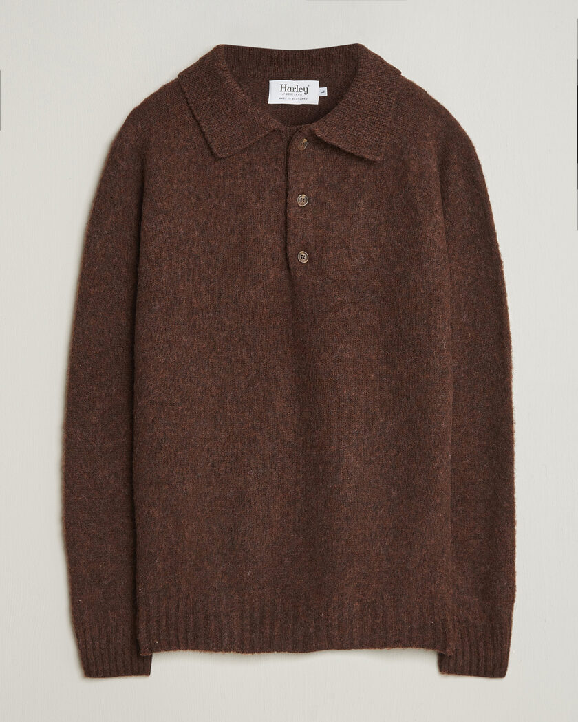 Harley Of Scotland Brushed Supersoft Lambswool Polo Marron – Marrone