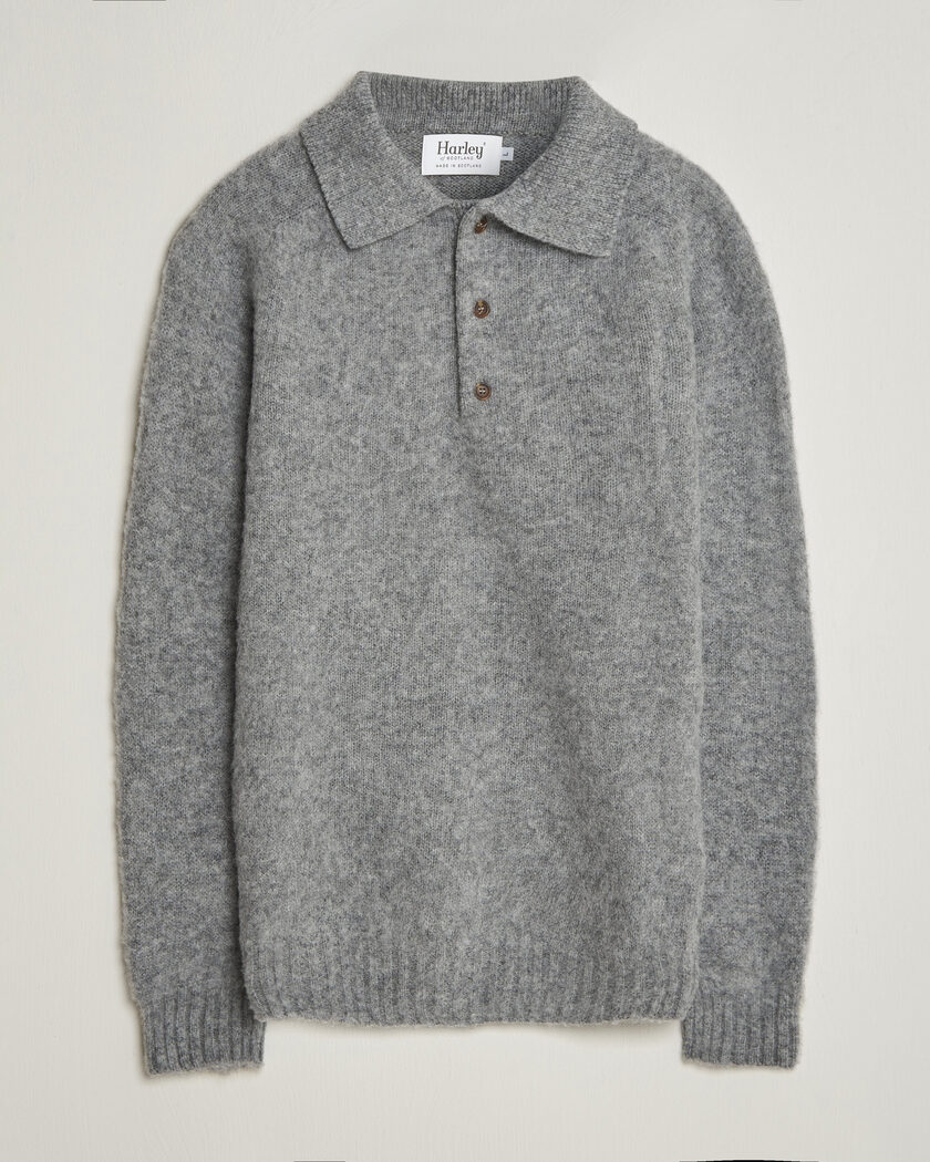 Harley Of Scotland Brushed Supersoft Lambswool Polo Mid Grey – Grigio