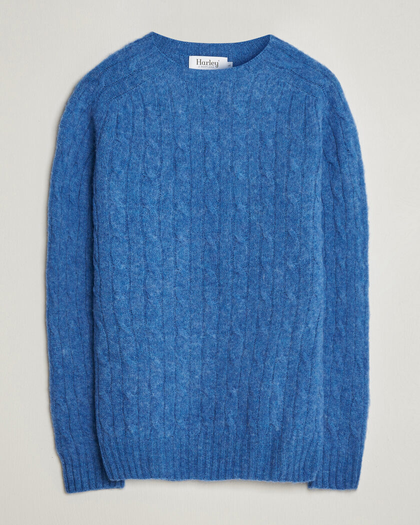 Harley Of Scotland Brushed Supersoft Lambswool Cable Cobalt – Blu