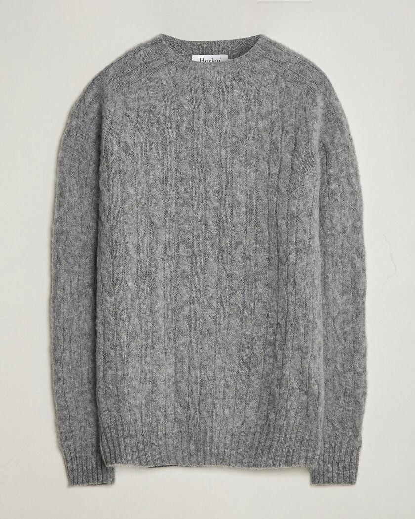 Harley Of Scotland Brushed Supersoft Lambswool Cable Mid Grey – Grigio