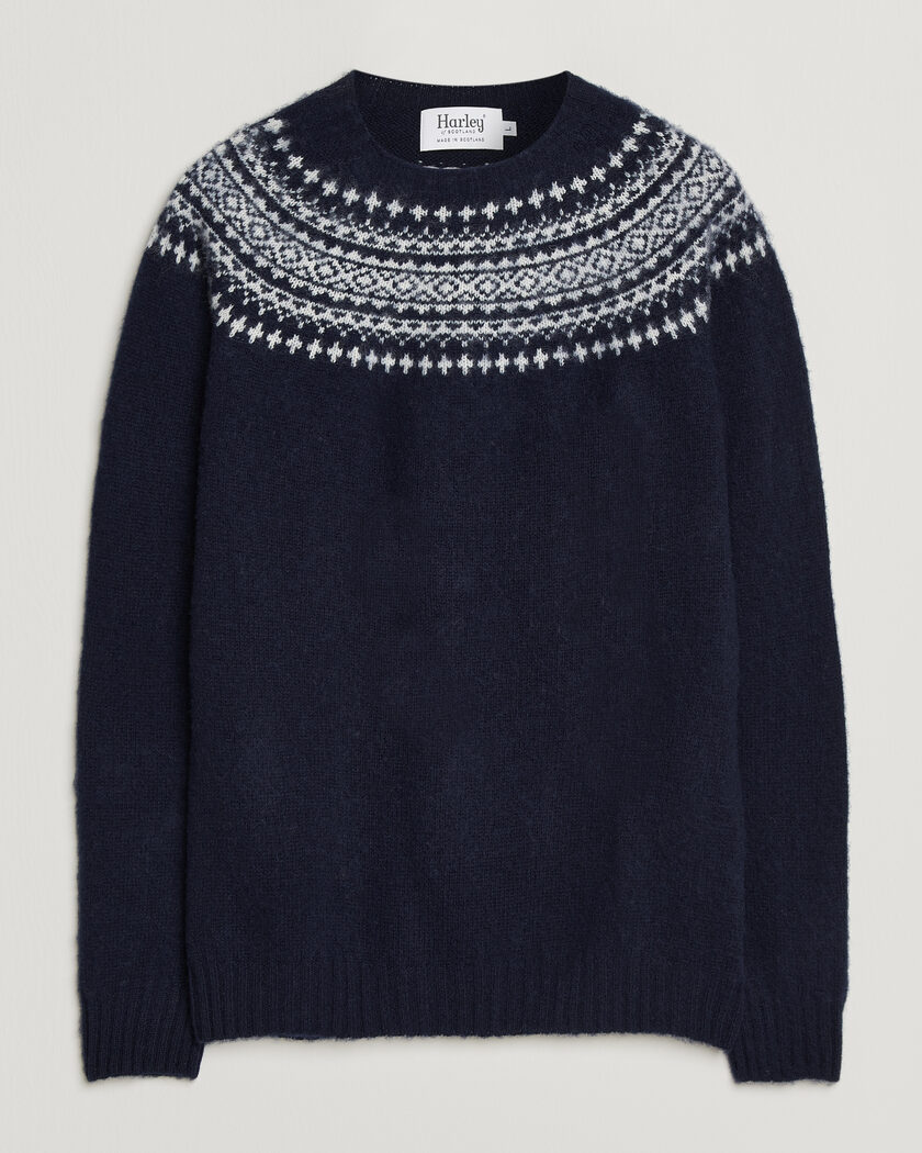 Harley Of Scotland Brushed Supersoft Lambswool Yolk Fairisle Navy/Snow White – Blu