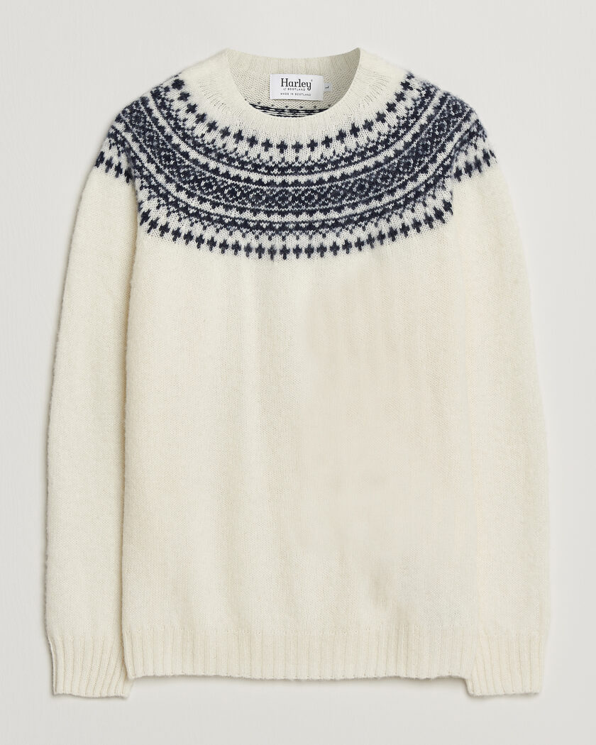 Harley Of Scotland Brushed Supersoft Lambswool Yolk Fairisle Snow White/Navy – Bianco