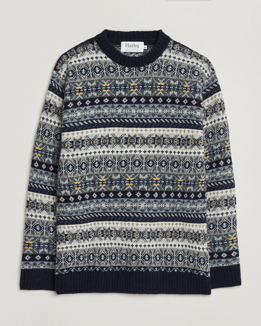 Harley Of Scotland Supersoft 2ply Lambswool Fairisle Crew Navy – Blu