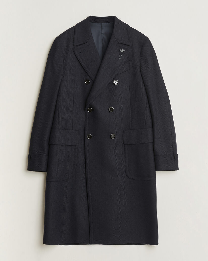 Lardini Ulster Wool/Cashmere Tonal Herringbone Coat Navy – Blu