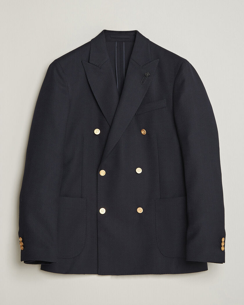 Lardini Double Breasted Herringbone Wool Blazer Navy – Blu