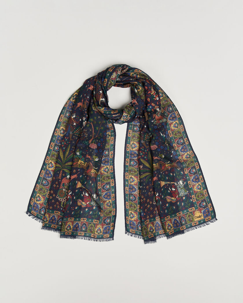 Drake's Mughal Garden Wool/Silk Scarf Navy – Blu