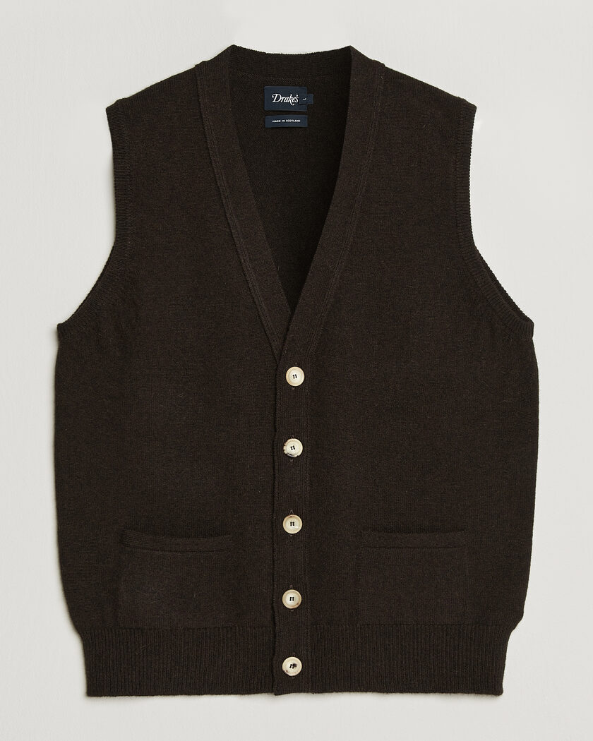 Drake's Lambswool Vest Cardigan Dark Brown – Marrone