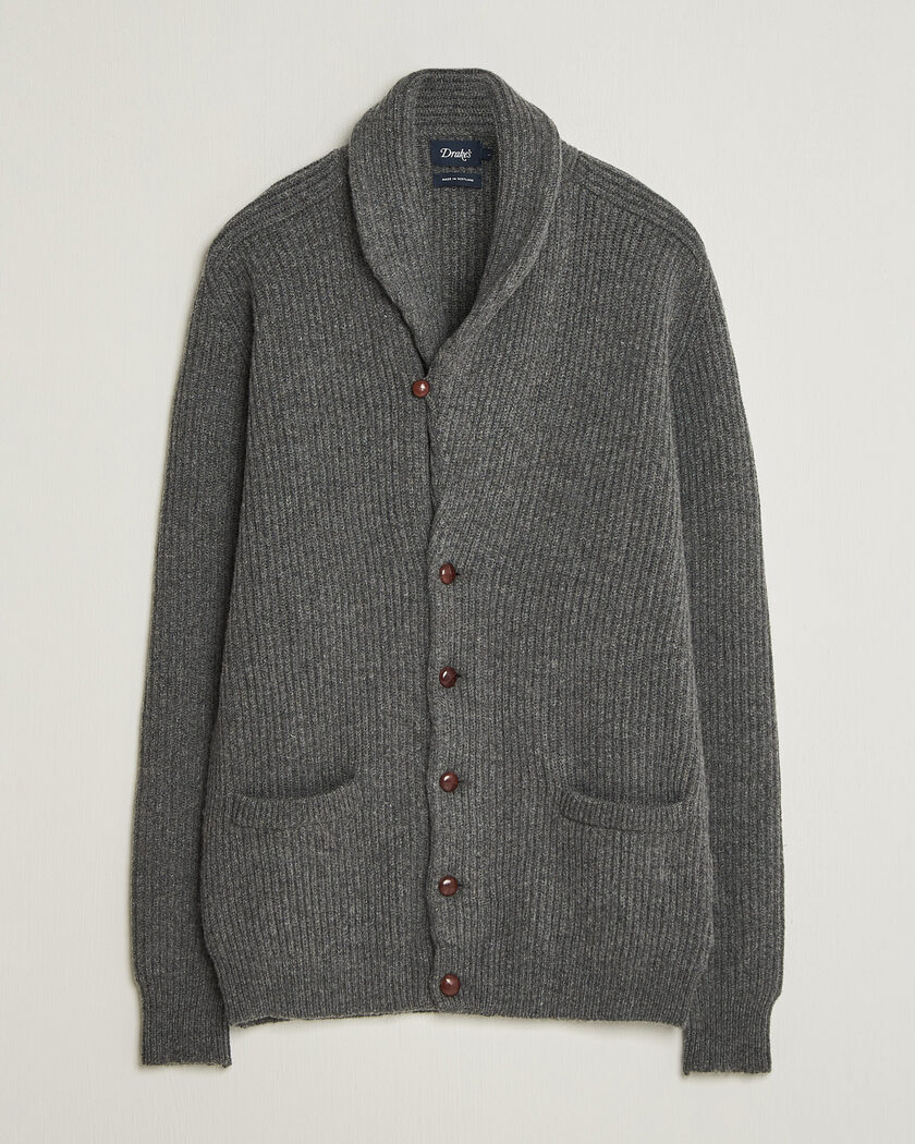  Drake's Lambswool Shawl Collar Rib Cardigan Grey – Grigio