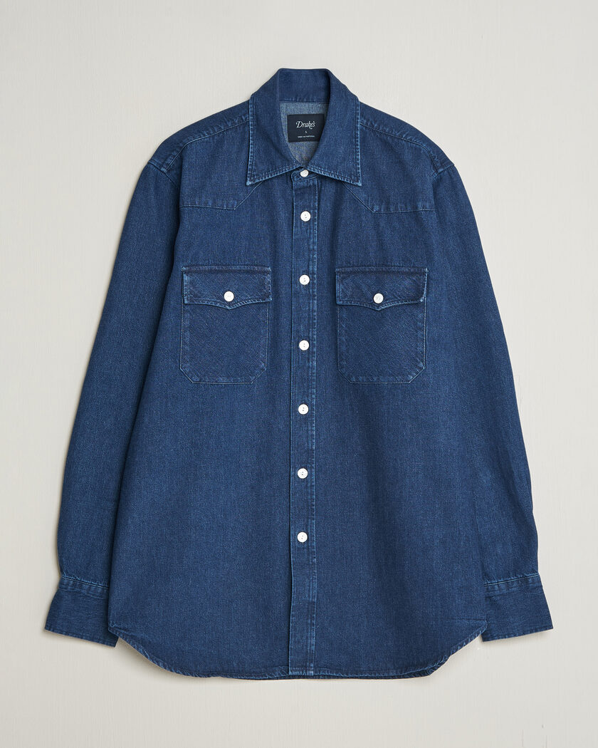 Drake's Western Selvedge Denim Shirt Stone Wash Indigo – Blu