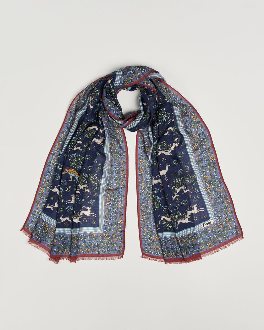 Drake's Archival Animals Wool/Silk Scarf Navy – Blu