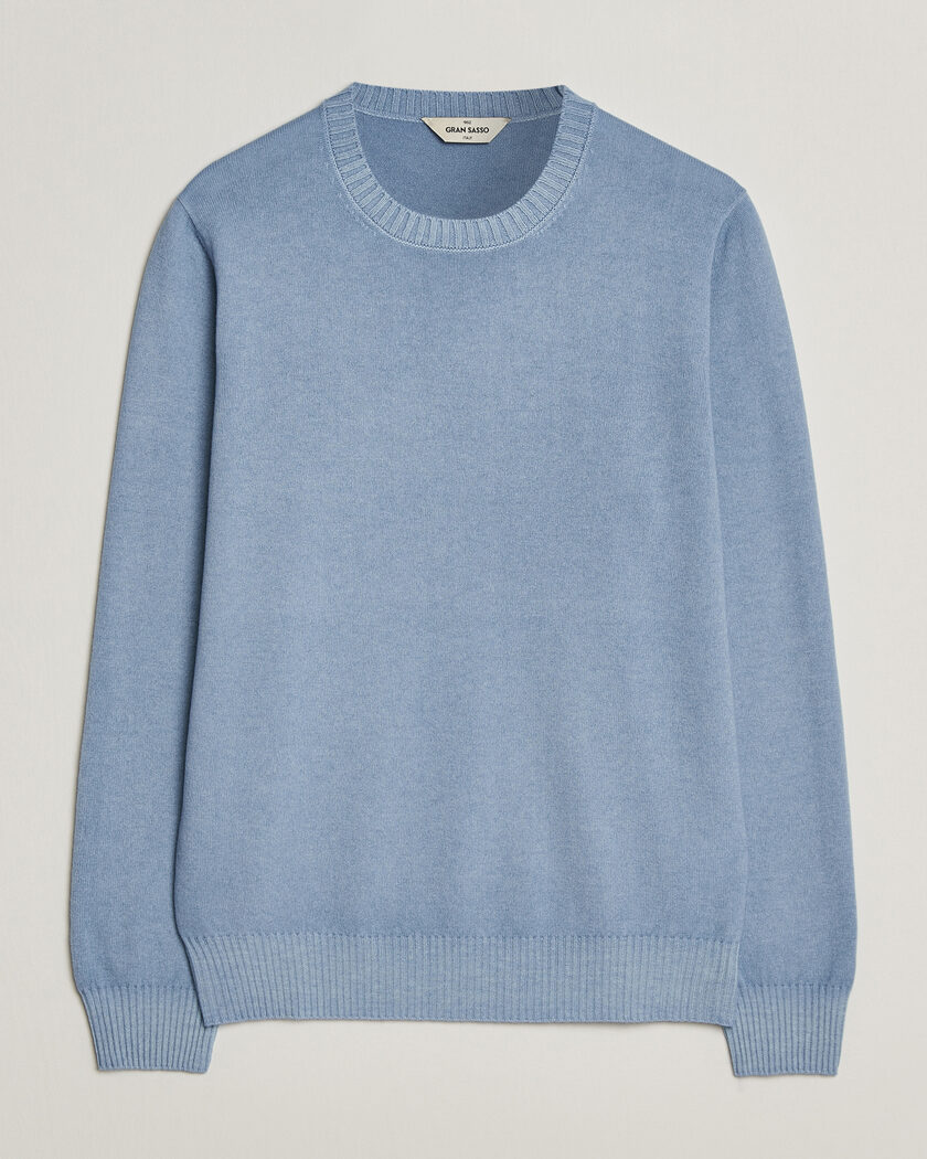 Gran Sasso Wool/Cashmere Washed Crew Neck Blue Melange – Blu