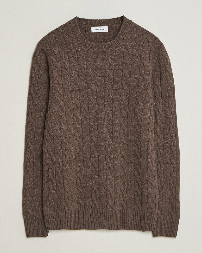 Gran Sasso Wool/Cashmere Cable Crew Neck Dark Brown Melange – Marrone