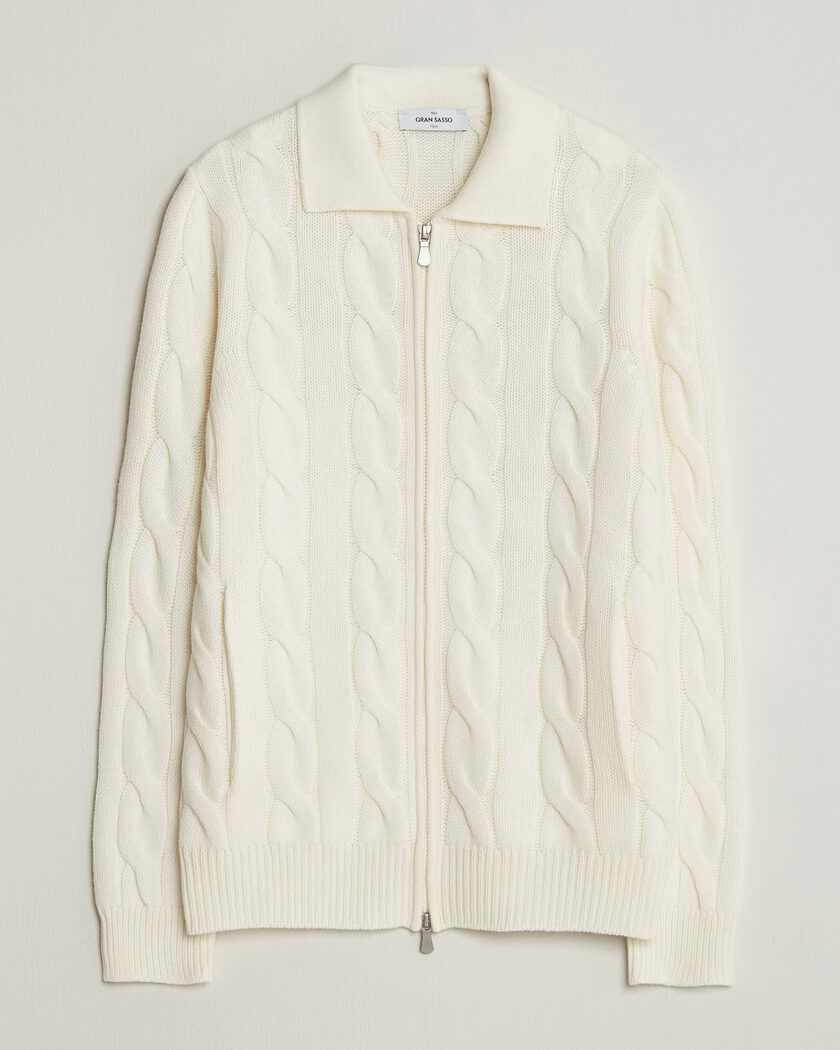 Gran Sasso Wool/Cashmere Cable Full Zip Cream – Bianco
