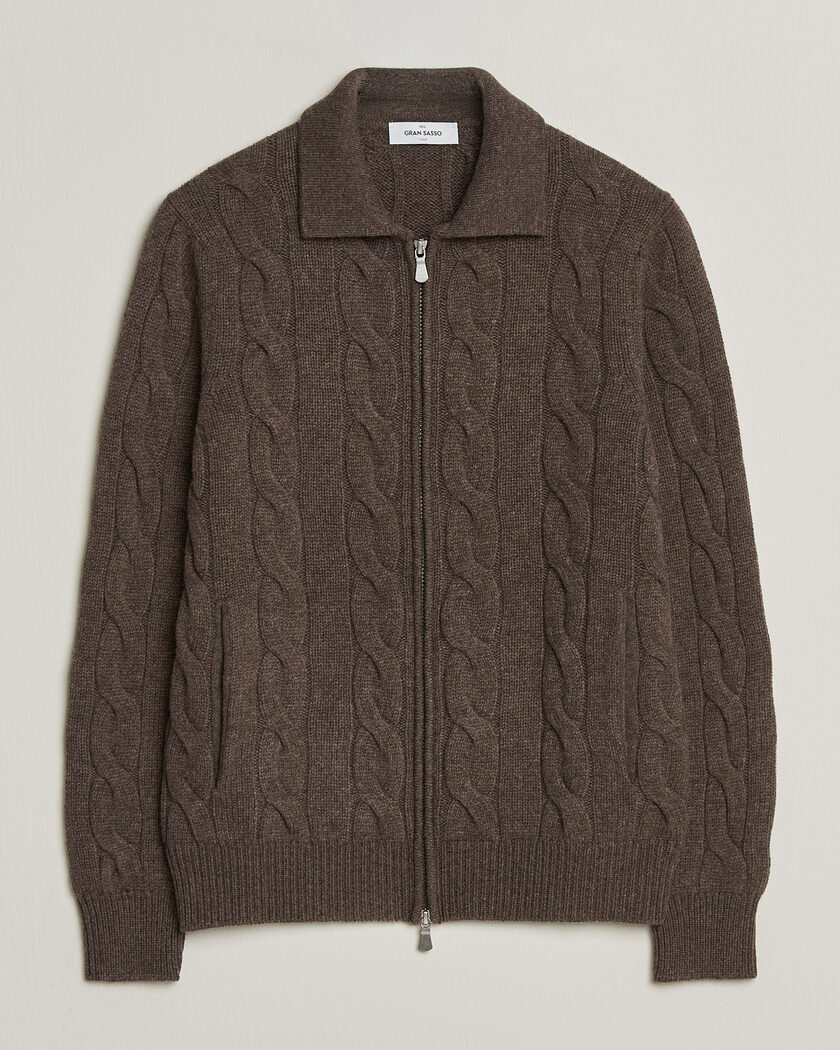 Gran Sasso Wool/Cashmere Cable Full Zip Dark Brown Melange – Marrone