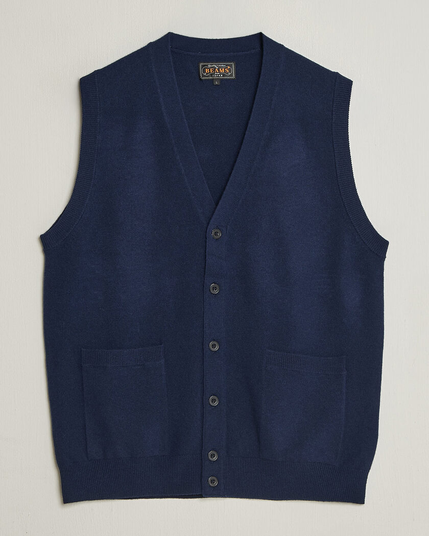 BEAMS PLUS Button Knit Vest Navy – Blu